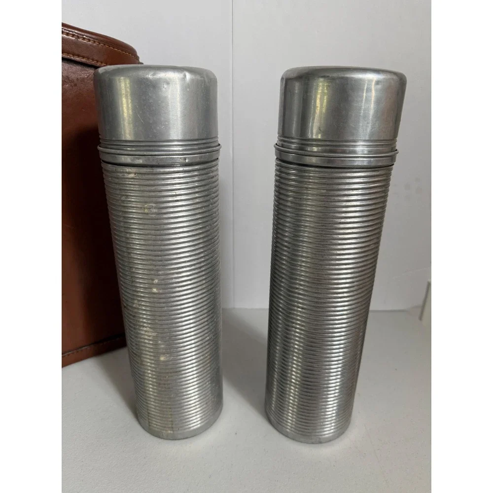 Vintage Thermos Aluminum Ribbed Flask Set Vacuum with Brown Leather Carry Case